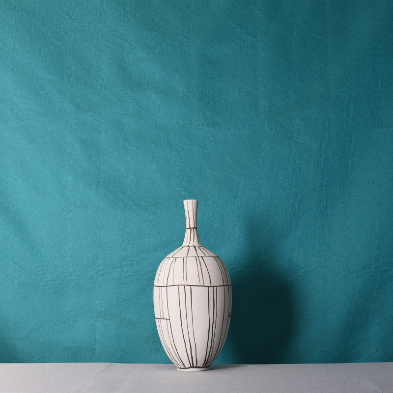 Modern Style Home Decoration Ceramic Frosted Small Mouth Striped Olive-shaped Vase