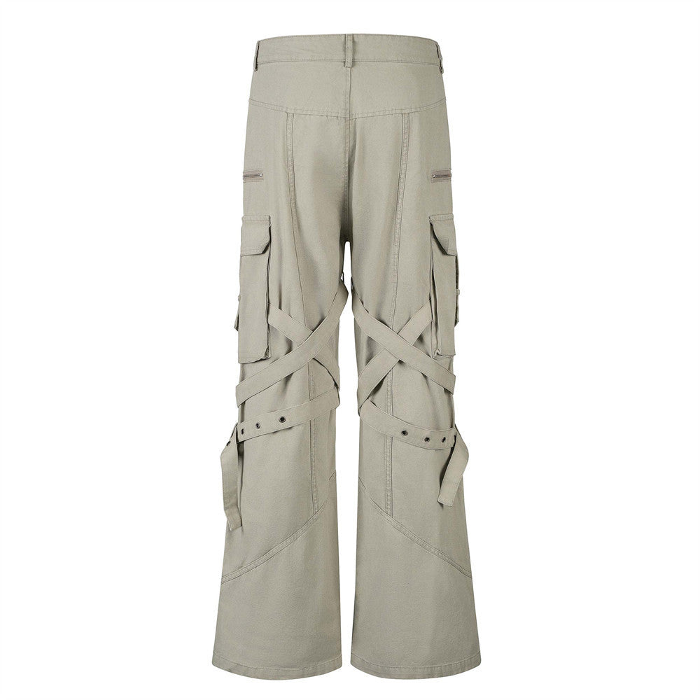 High Street Style Multi-Pocket Workwear Flared Trousers with Belt Design for Men