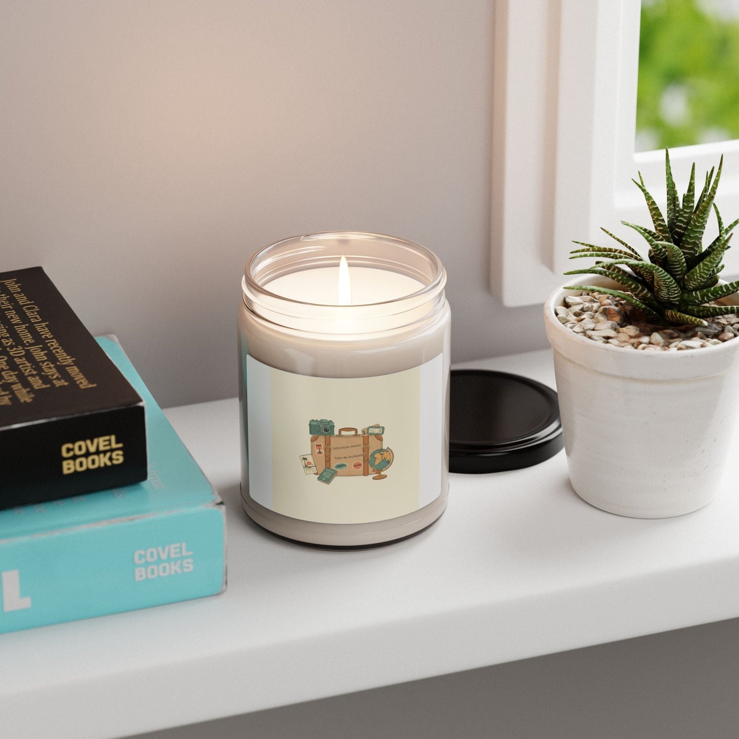 Retro Travel Postage Candle, soy jar candle, wanderlust postcard design