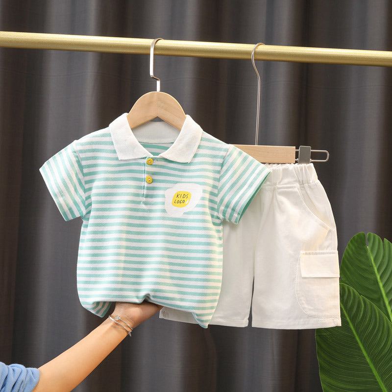 Boys' Summer Cute Stripes Solid Color Short-sleeved Shorts Two-piece Set