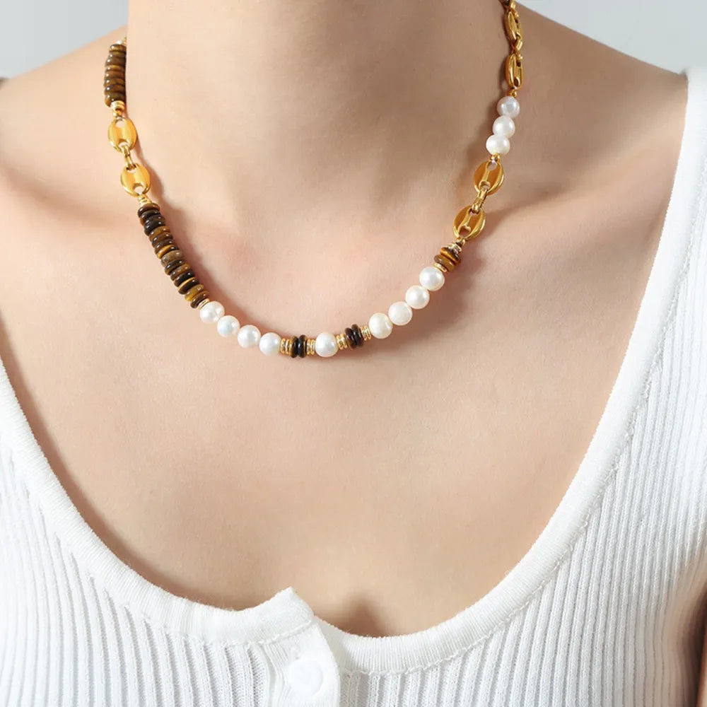 Versatile Light Luxury Titanium Steel Freshwater Pearl Tiger Eye Stone Pig Nose Chain Necklace Jewelry for Women