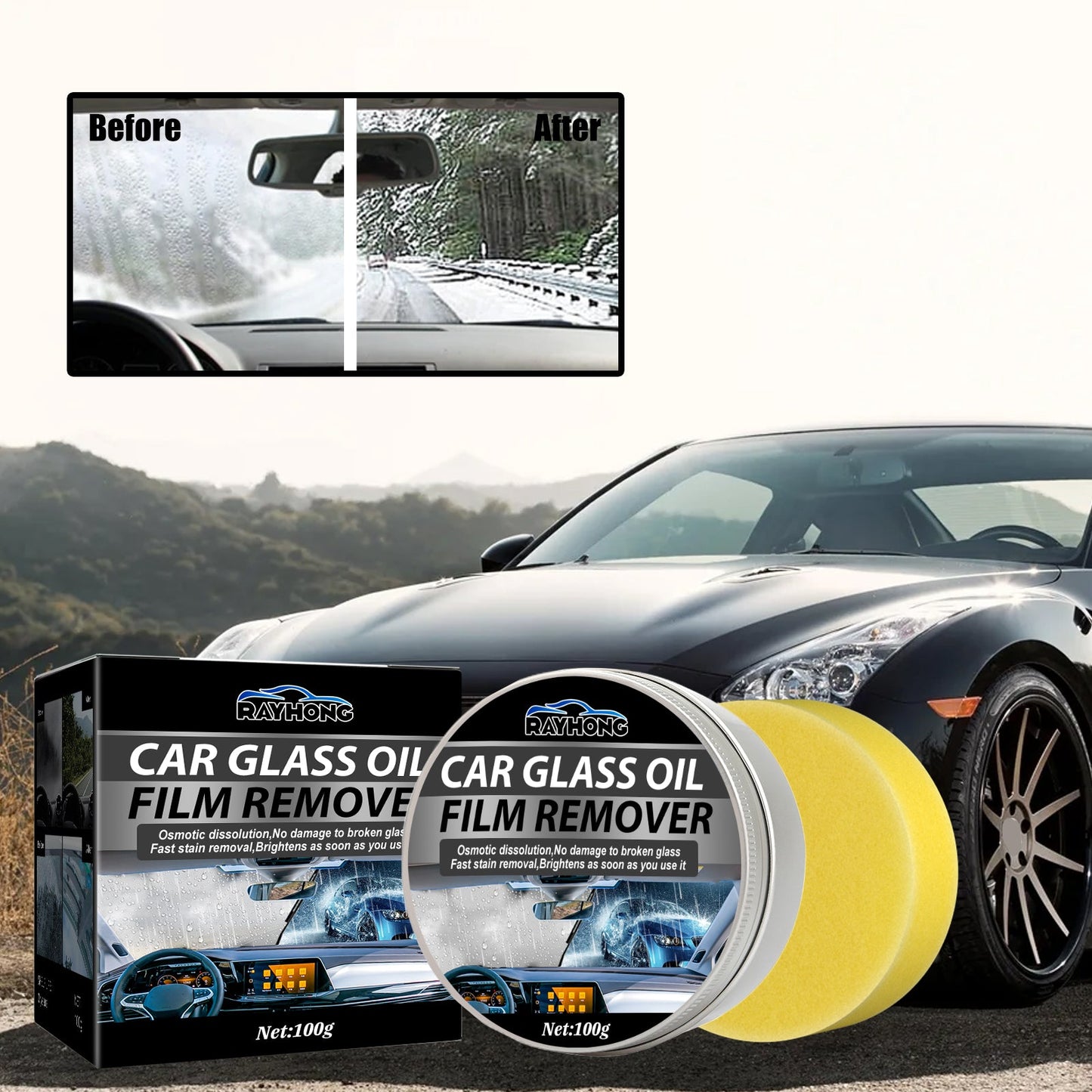 Car Glass Oil Film Remover, Rain Mist Smeary Clean Car Windscreen Cleaner
