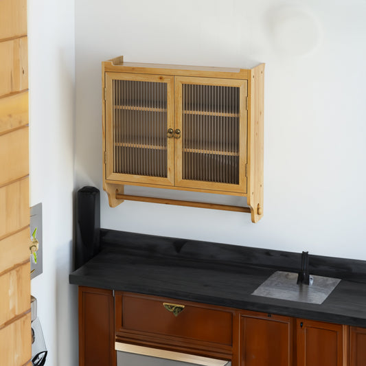24.8 '' Glass door retro double door wall cabinet with three levels of storage space with towel rack, original wood color