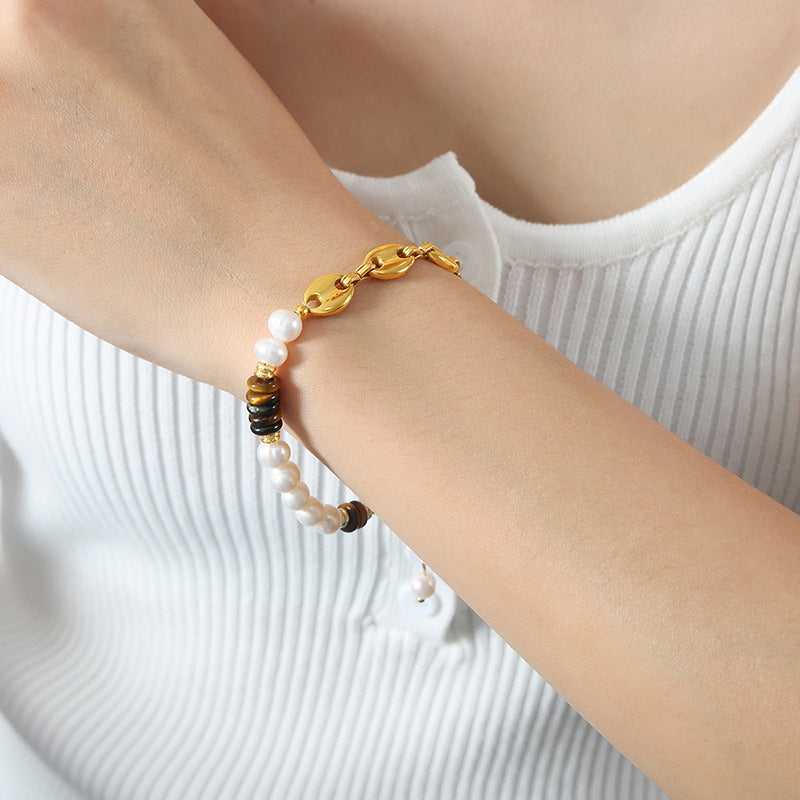 Freshwater Pearl Tiger Eye Stone Pig Nose Bracelet