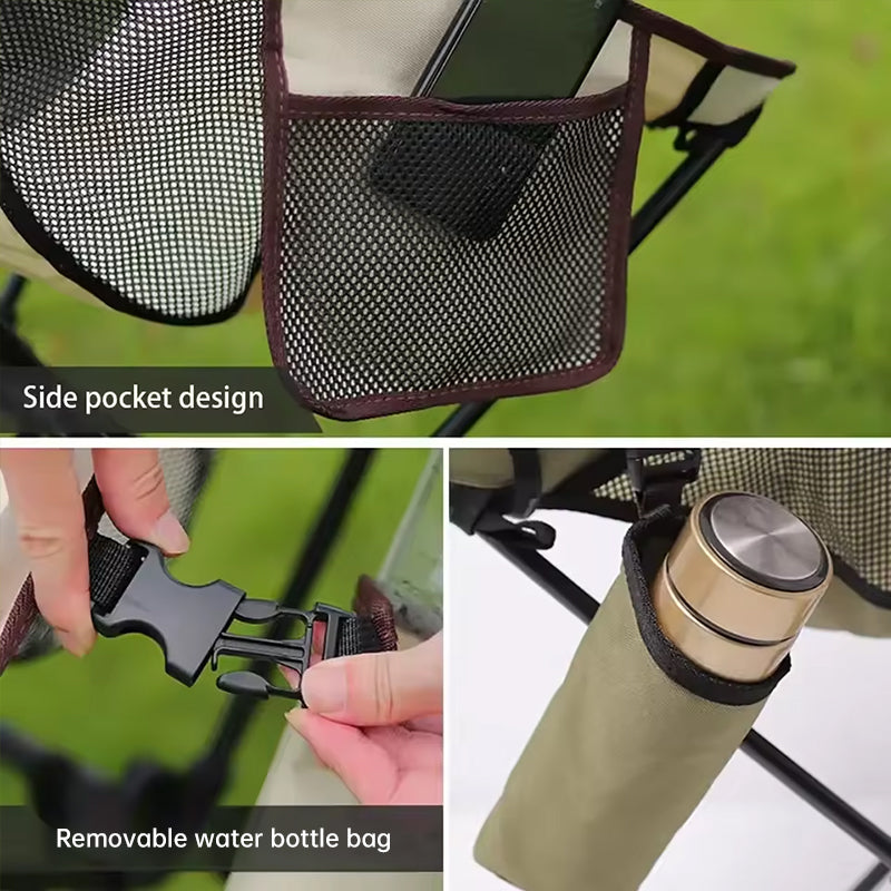 Folding camping chair with headrest. Lightweight, aluminum alloy, for travel and fishing. Outdoor furniture.