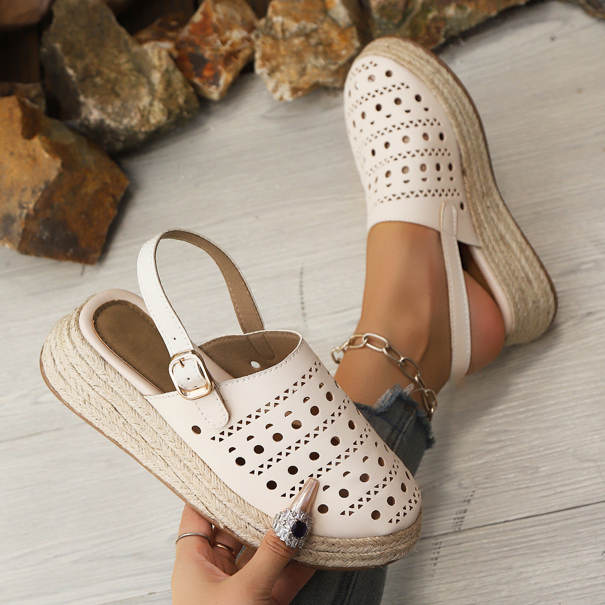 Baotou sandals women's thick soled sloping heel retro hemp rope hollowed out women's sandals