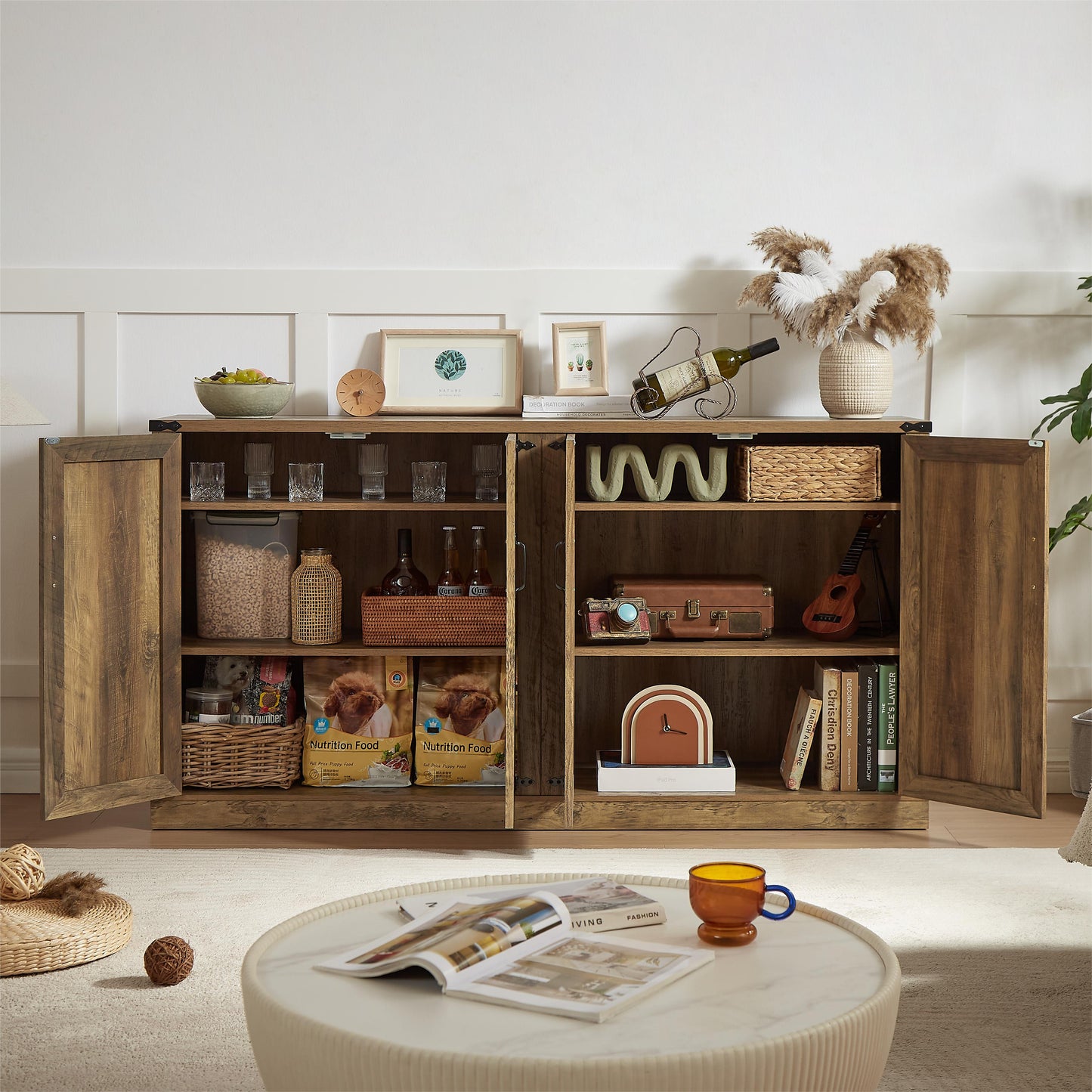 65-Inch Rustic Oak Color Faux Rattan Sideboard, Barn Door Rustic Style Sideboard, Living Room, Entryway, Bedroom