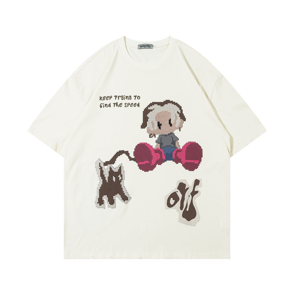 Fun Cartoon Anime Print Short Sleeve T-Shirt Men's High Street Trendy Half Sleeve Pure Cotton Round Neck Loose Tee