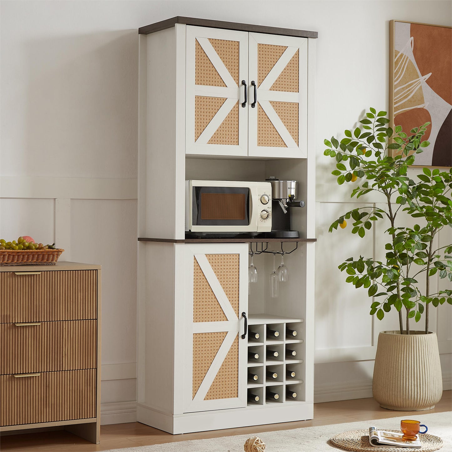 76 Inch Tall Farmhouse Kitchen Faux Rattan Wine Cabinet, Kitchen Bar Cabinet with Square Compartments and Shelves