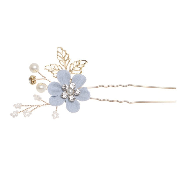 Luxury Blue Flower Hair Combs Headdress Prom Bridal Wedding Hair Accessories Gold Leaves Hair Jewelry Hair Pins