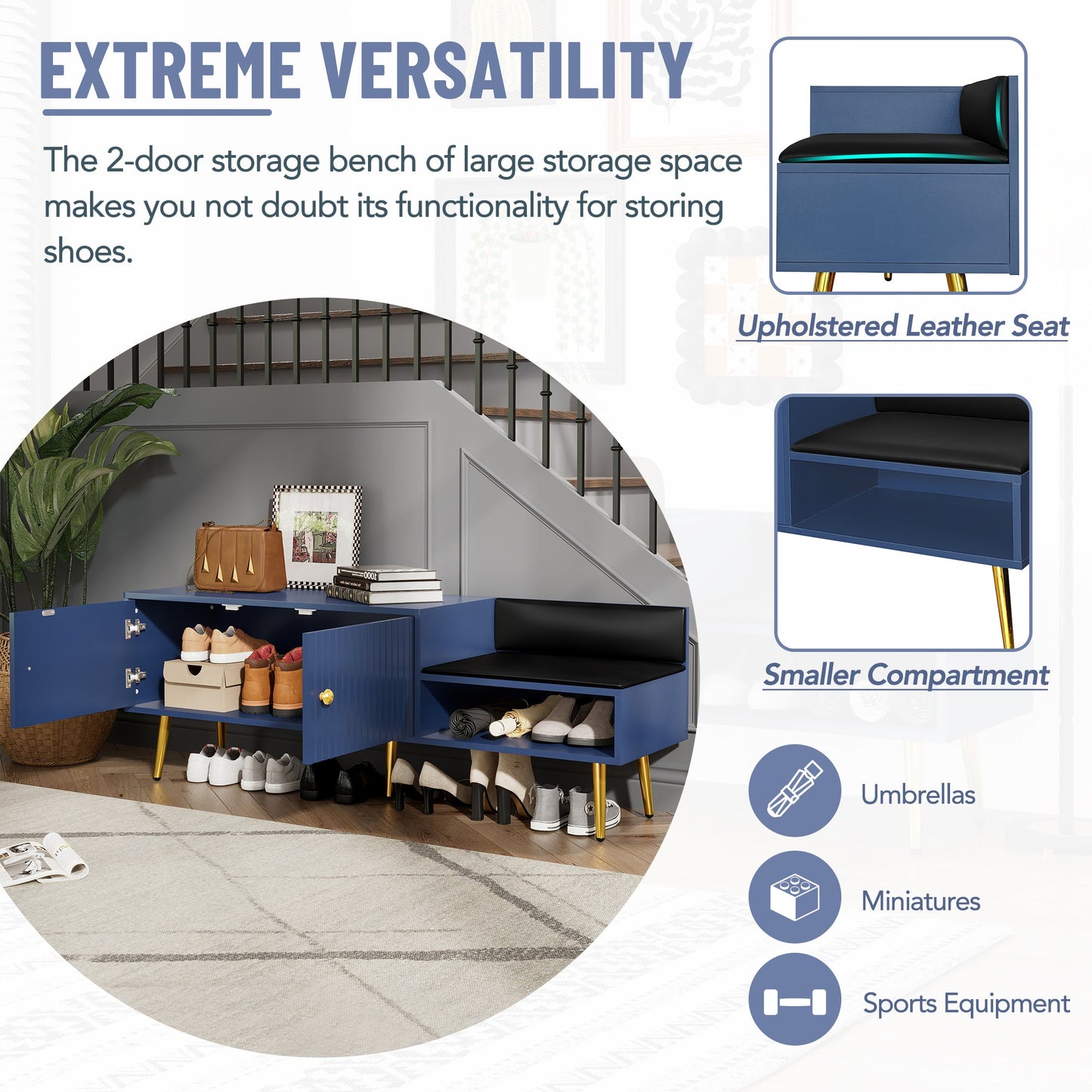 Modern Shoe Storage Bench with Hidden Storage and Upholstered Cushions for Bedside, Living Room and Entryway (Navy)
