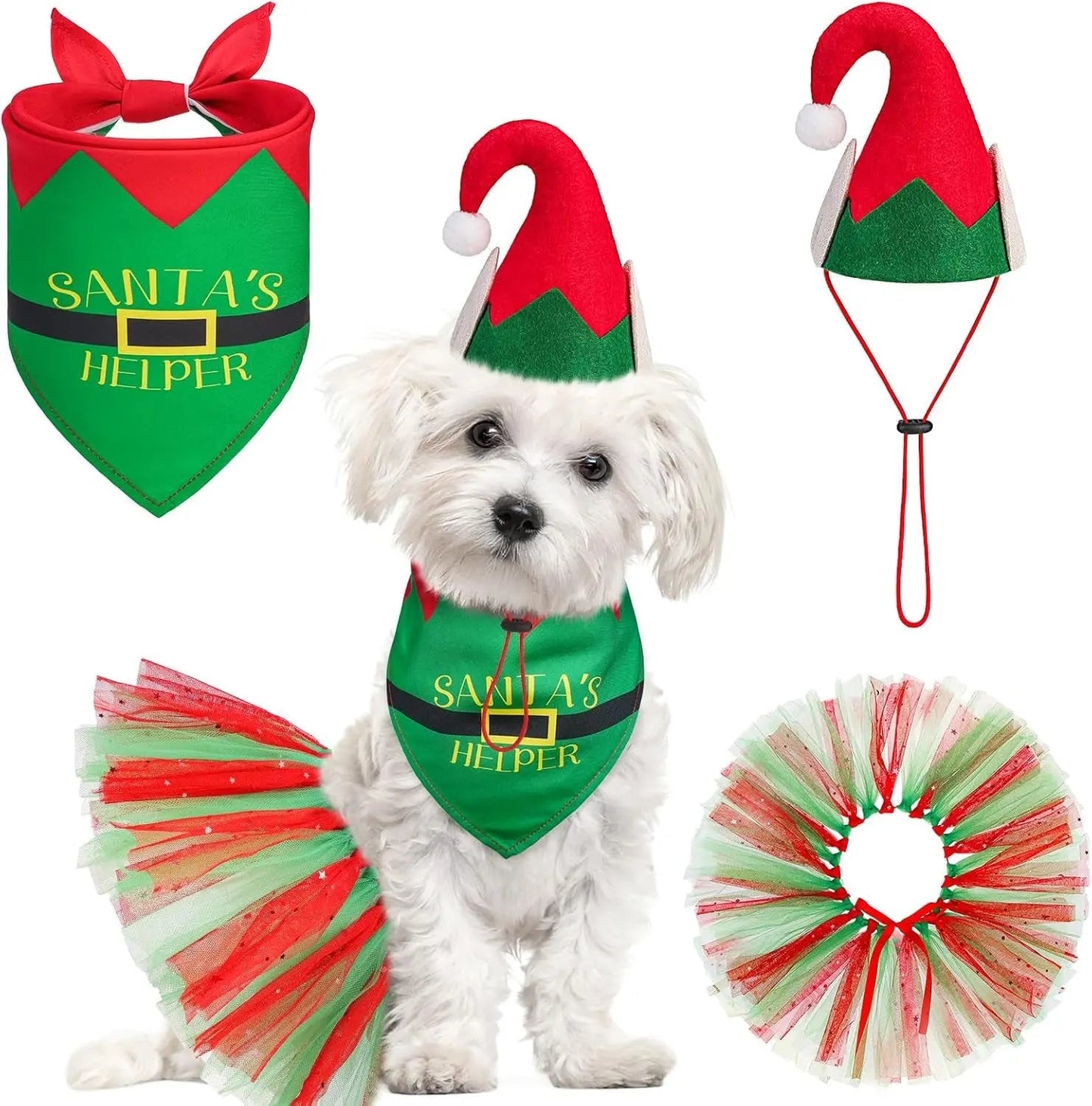 Birthday & Holiday Dog Costume Set with Tutu, Bandana & Hat, Holiday Outfit S–M