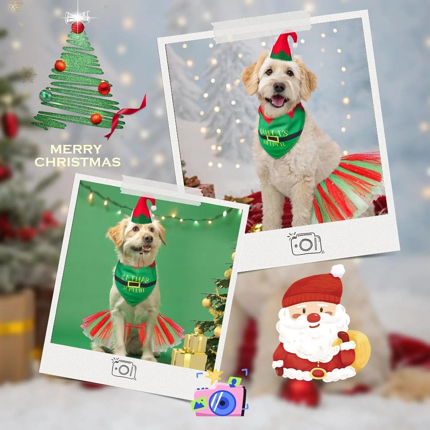 Birthday & Holiday Dog Costume Set with Tutu, Bandana & Hat, Holiday Outfit S–M