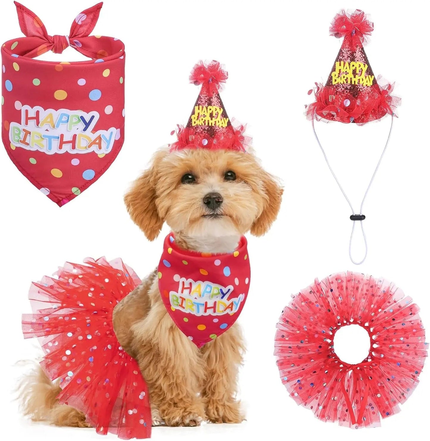 Birthday & Holiday Dog Costume Set with Tutu, Bandana & Hat, Holiday Outfit S–M