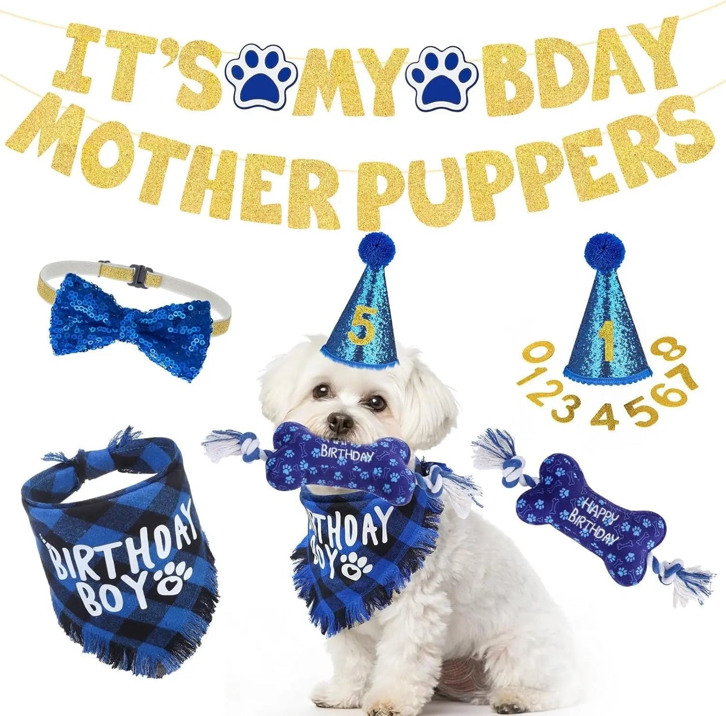 Birthday & Holiday Dog Costume Set with Tutu, Bandana & Hat, Holiday Outfit S–M