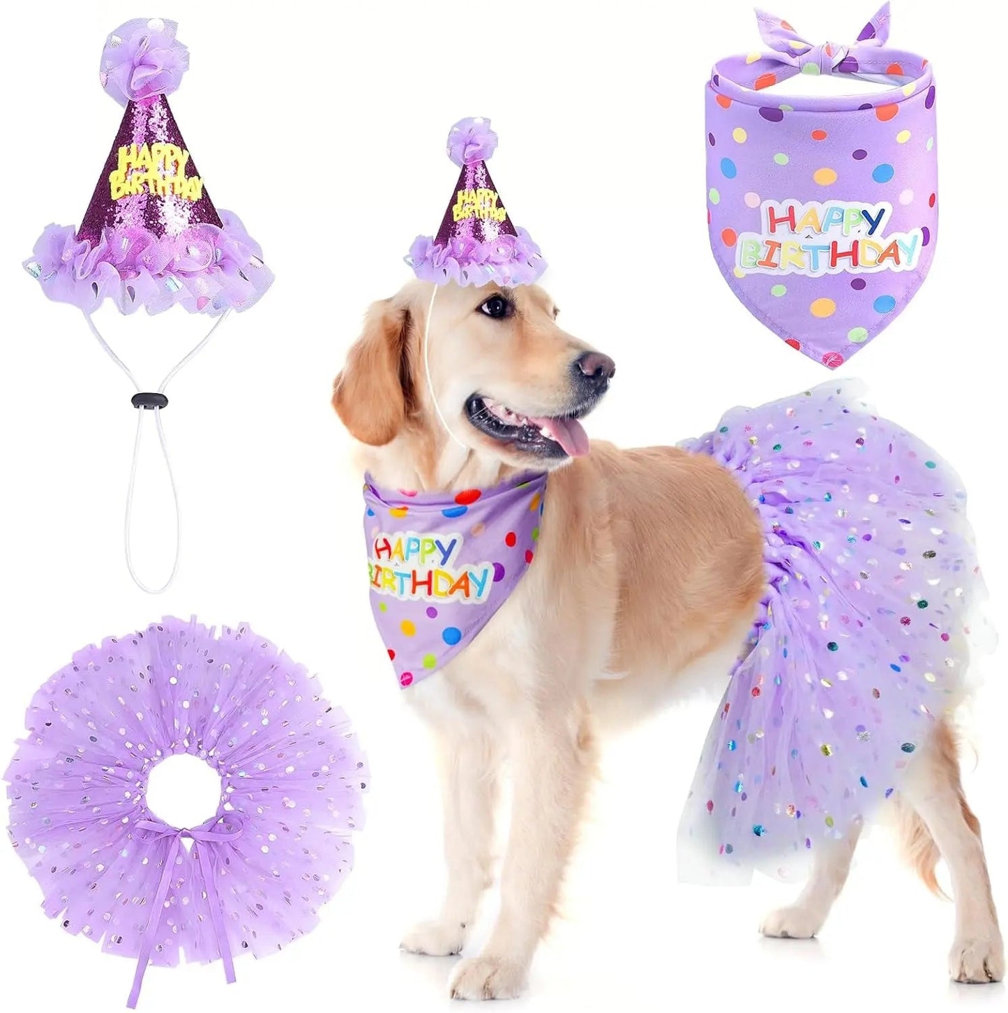 Birthday & Holiday Dog Costume Set with Tutu, Bandana & Hat, Holiday Outfit S–M