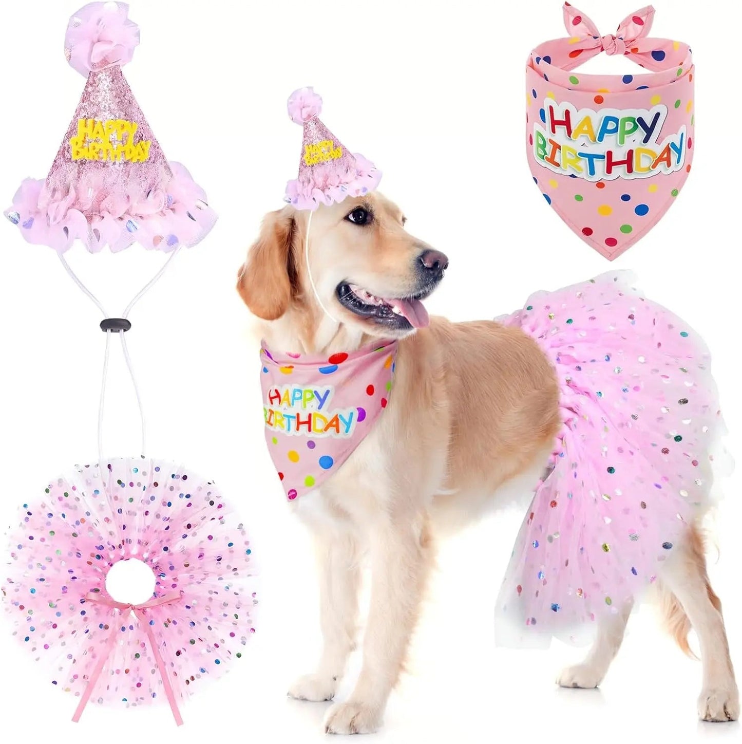 Birthday & Holiday Dog Costume Set with Tutu, Bandana & Hat, Holiday Outfit S–M