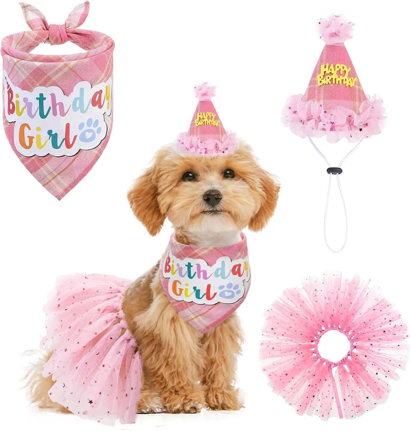 Birthday & Holiday Dog Costume Set with Tutu, Bandana & Hat, Holiday Outfit S–M