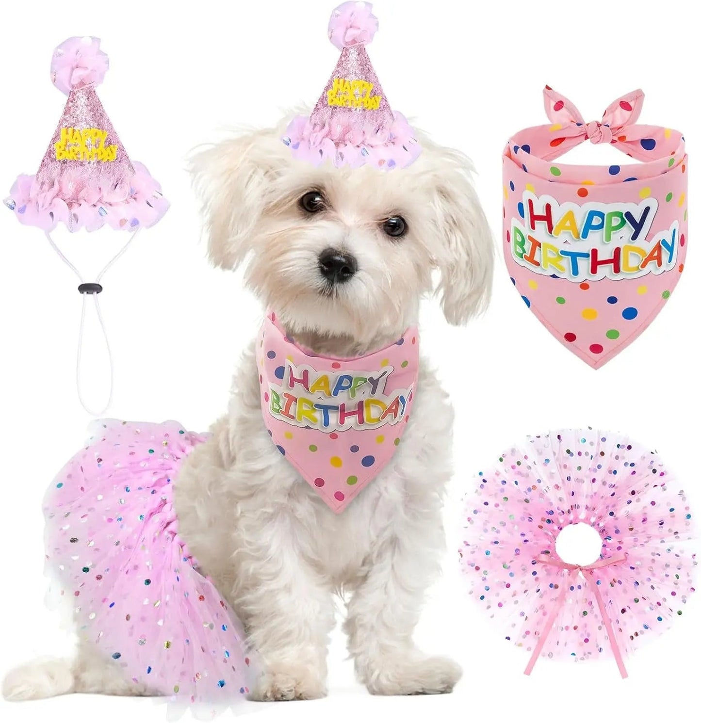 Birthday & Holiday Dog Costume Set with Tutu, Bandana & Hat, Holiday Outfit S–M