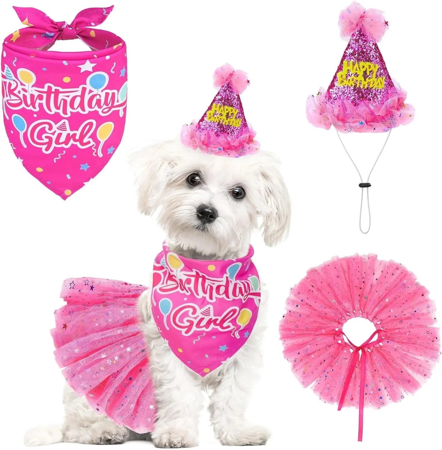 Birthday & Holiday Dog Costume Set with Tutu, Bandana & Hat, Holiday Outfit S–M