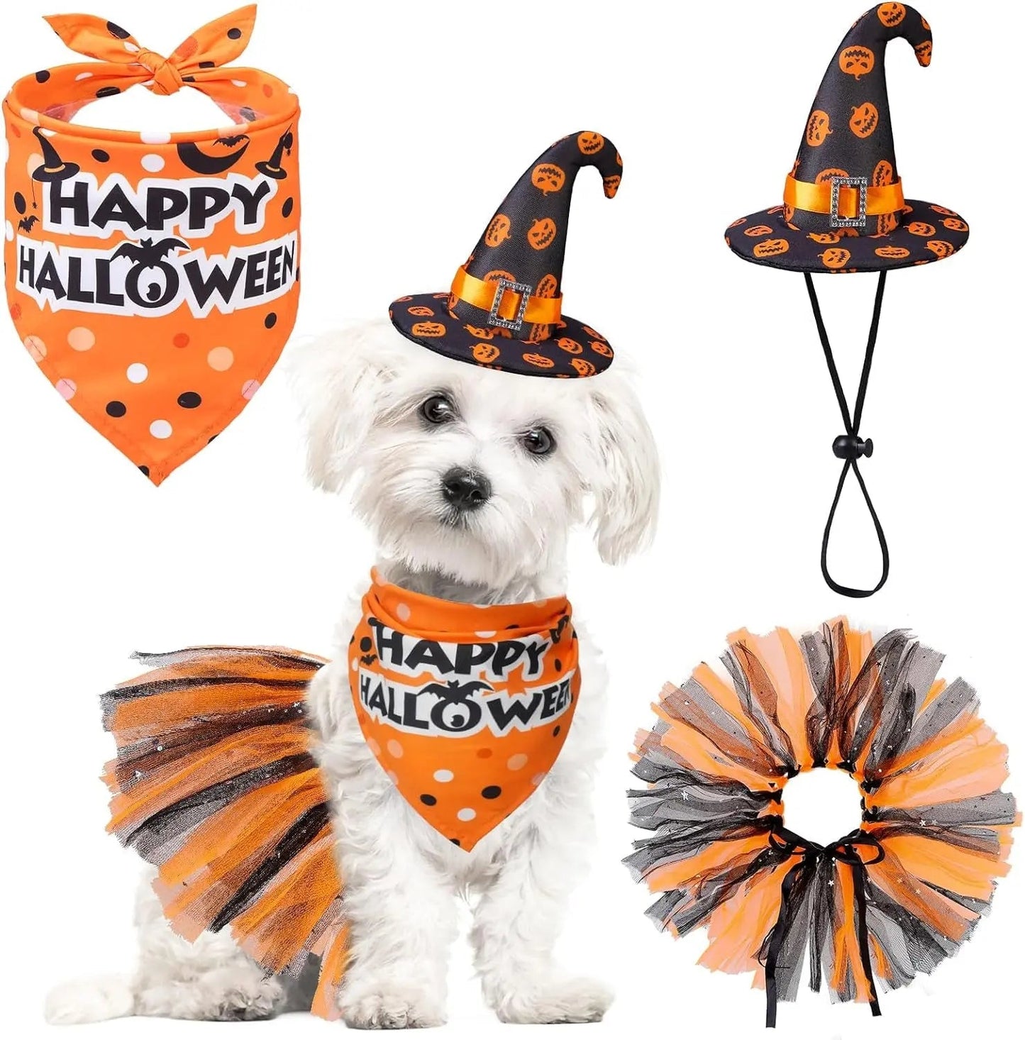 Birthday & Holiday Dog Costume Set with Tutu, Bandana & Hat, Holiday Outfit S–M