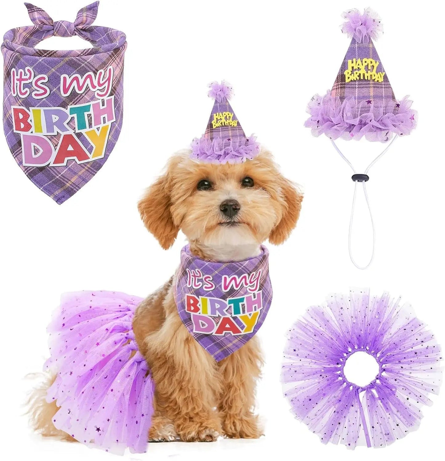 Birthday & Holiday Dog Costume Set with Tutu, Bandana & Hat, Holiday Outfit S–M