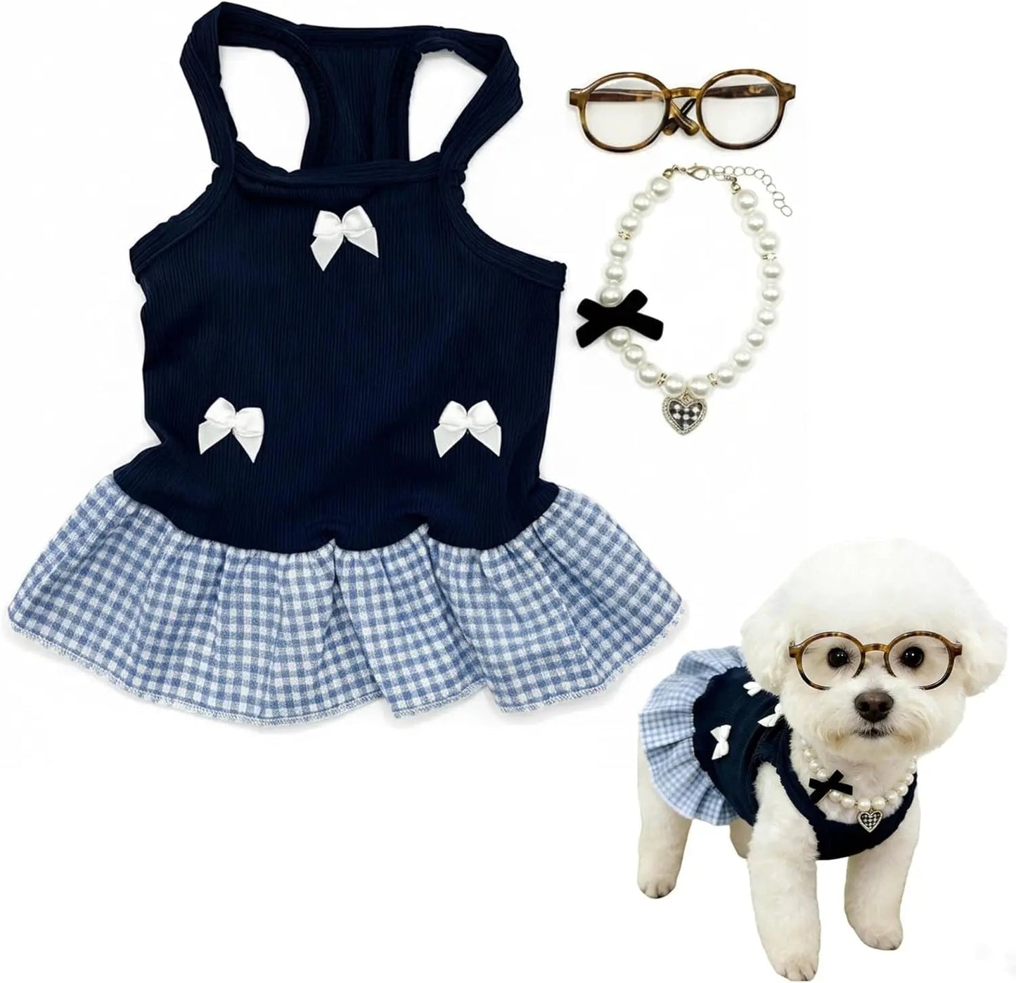 Blue Plaid Small Dog or Cat Dress w/ Glasses & Pearl Necklace Small Dogs