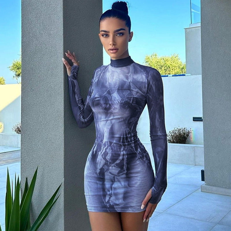 High Neck Long Sleeve Printed Dress