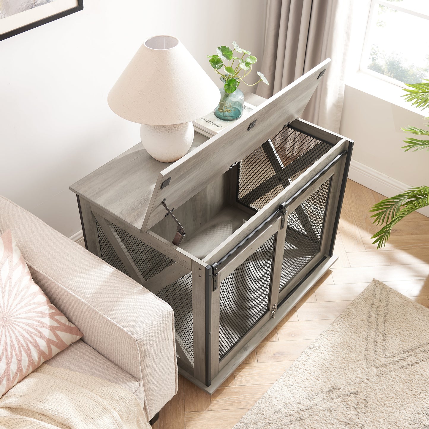 Farmhouse Dog Cage Crate Furniture with Sliding Barn Door, Farmhouse Wooden Dog Kennel End Table with Flip-top Plate Dog House