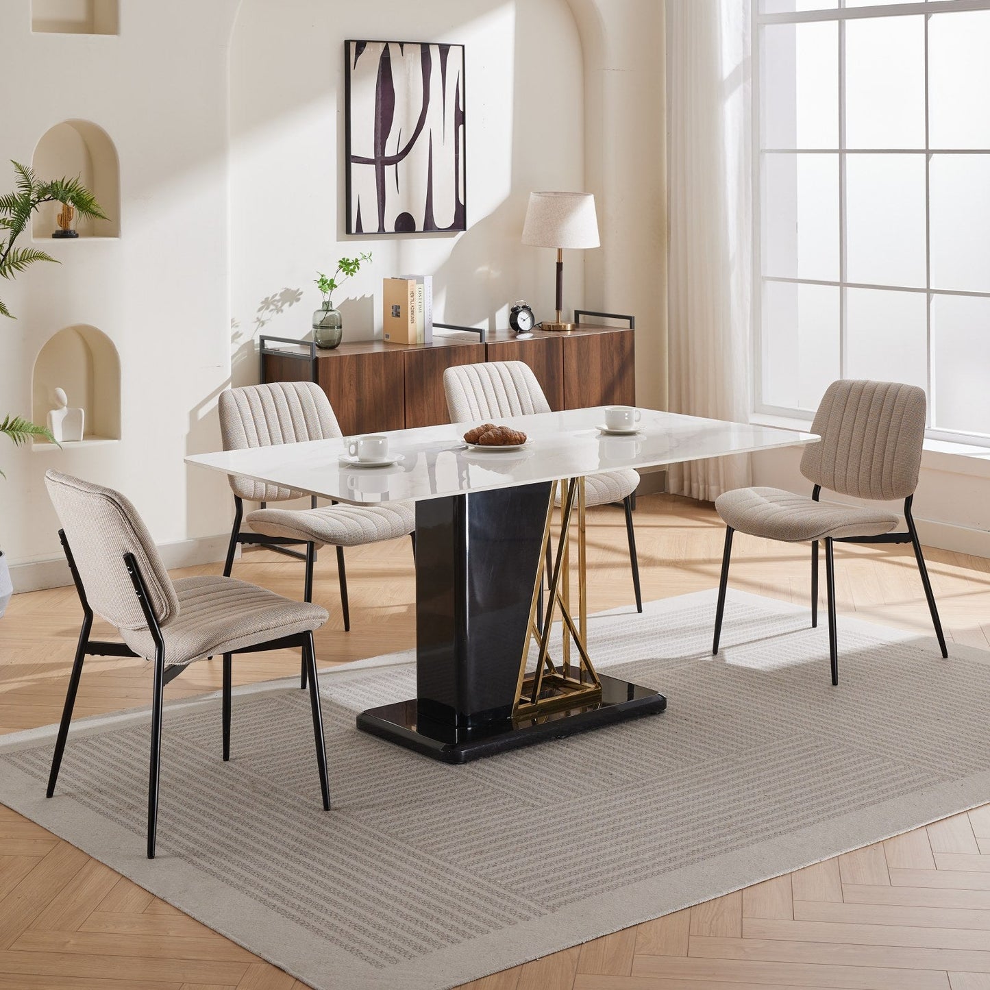 2-piece retro linen chair set with curved wooden backrest, cushioned seat, adjustable metal legs, (Beige Linen)