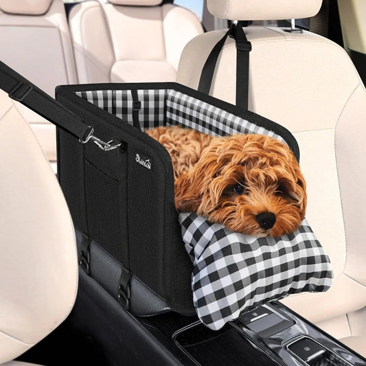 Console Dog Car Seat for Small Dogs, Anti-Slip Booster with Safety Strap