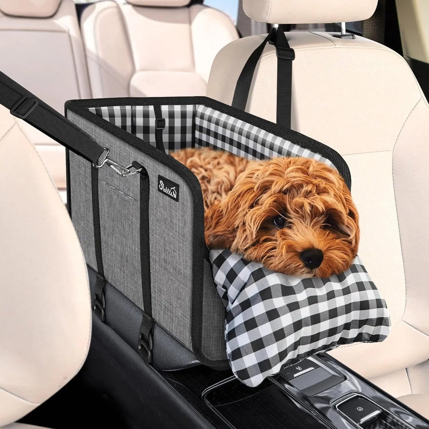 Console Dog Car Seat for Small Dogs, Anti-Slip Booster with Safety Strap