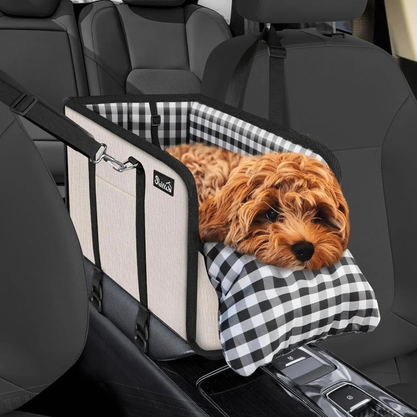 Console Dog Car Seat for Small Dogs, Anti-Slip Booster with Safety Strap