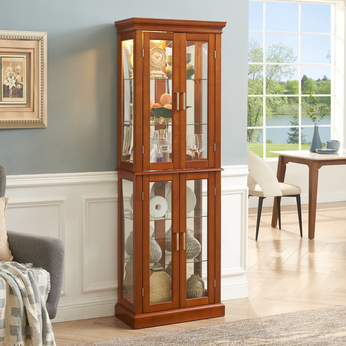 Lighting Curio Diapali cabinet with adjustable shelves, mirror back panel, tempered glass door (without light bulb), walnut wood