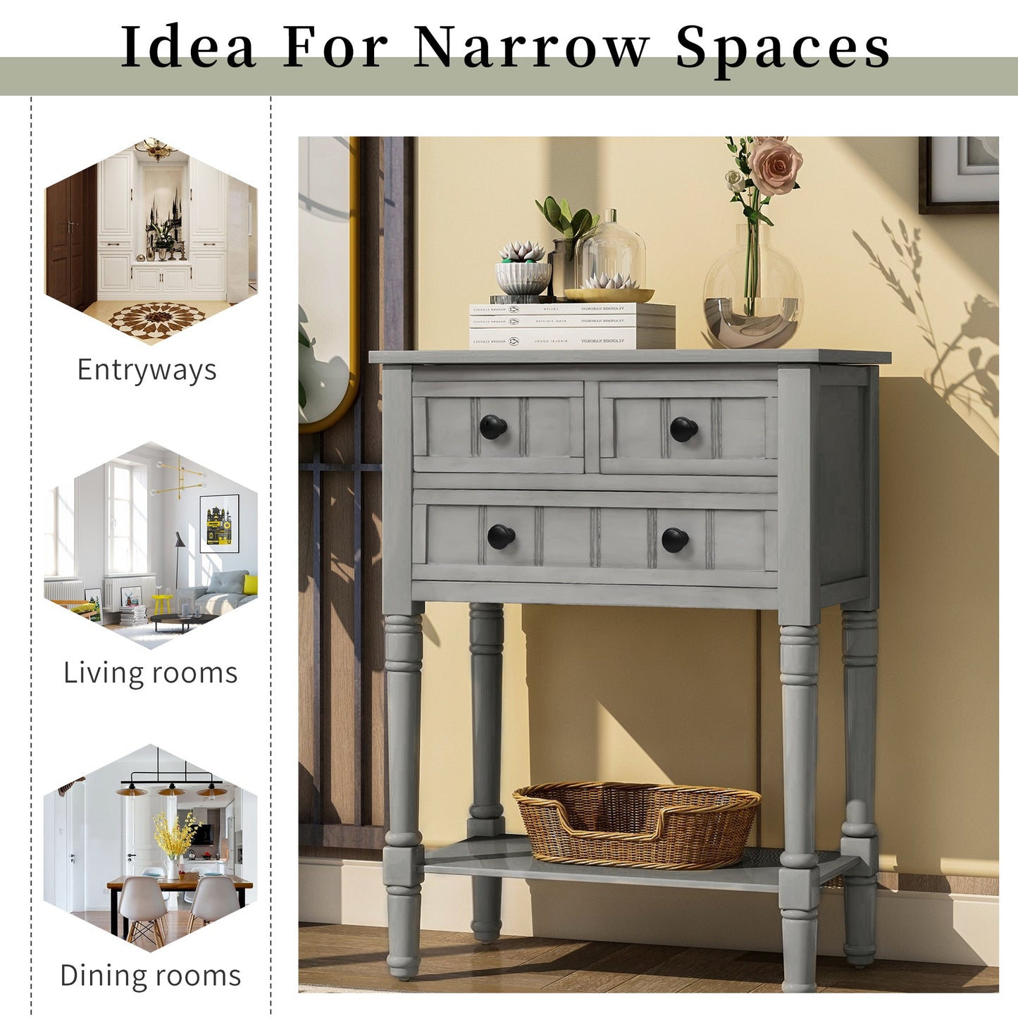 TREXM Narrow Console Desk, Thin Sofa Table with Three Storage Drawers and Living Room Bottom Shelves (Grey Washed)