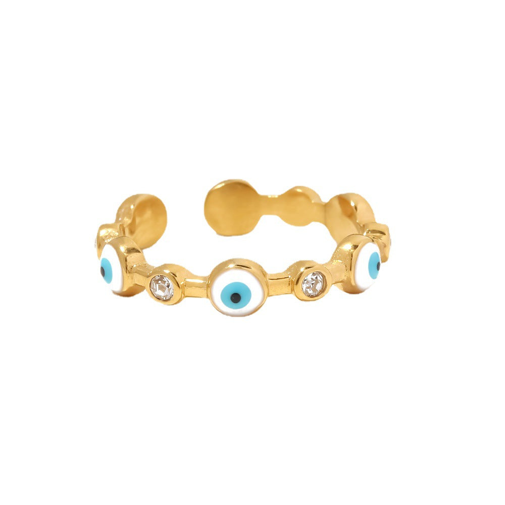 18K gold-plated stainless steel devil eye open ring Fashionable and versatile titanium steel ring for women