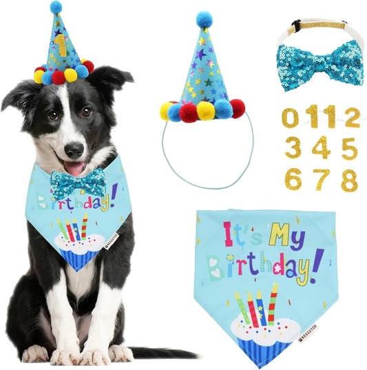 Dog Birthday Bandana, Party Hat & Bow Tie Set for Small- Large Dogs