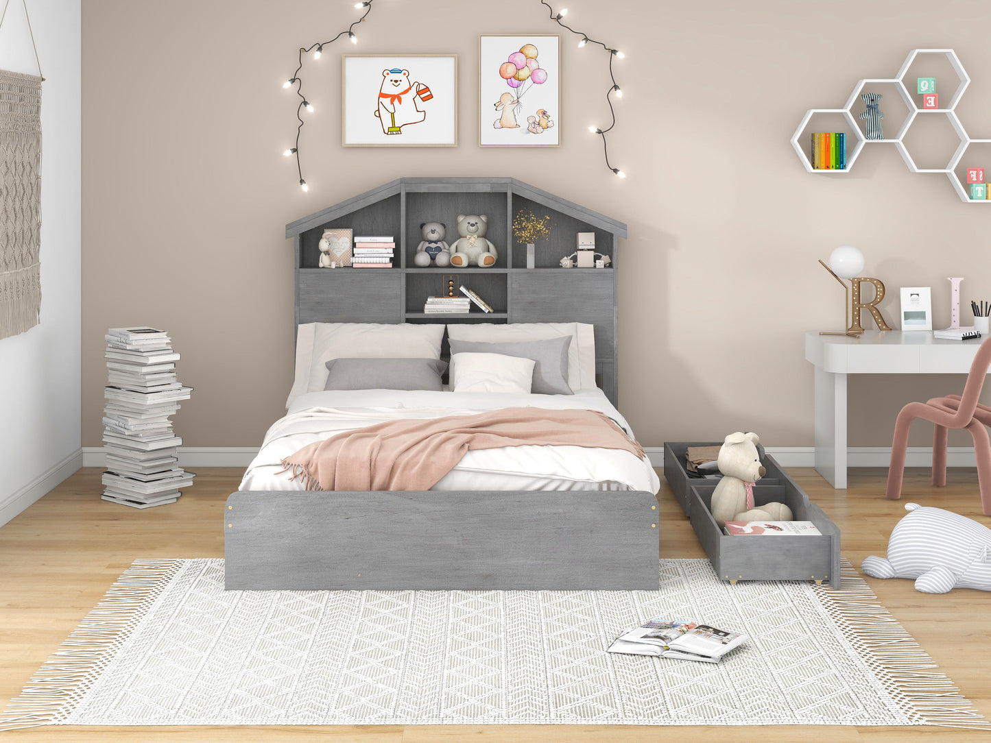 Full Size Wood Platform Bed with House-shaped Storage Headboard and 2 Drawers Gray