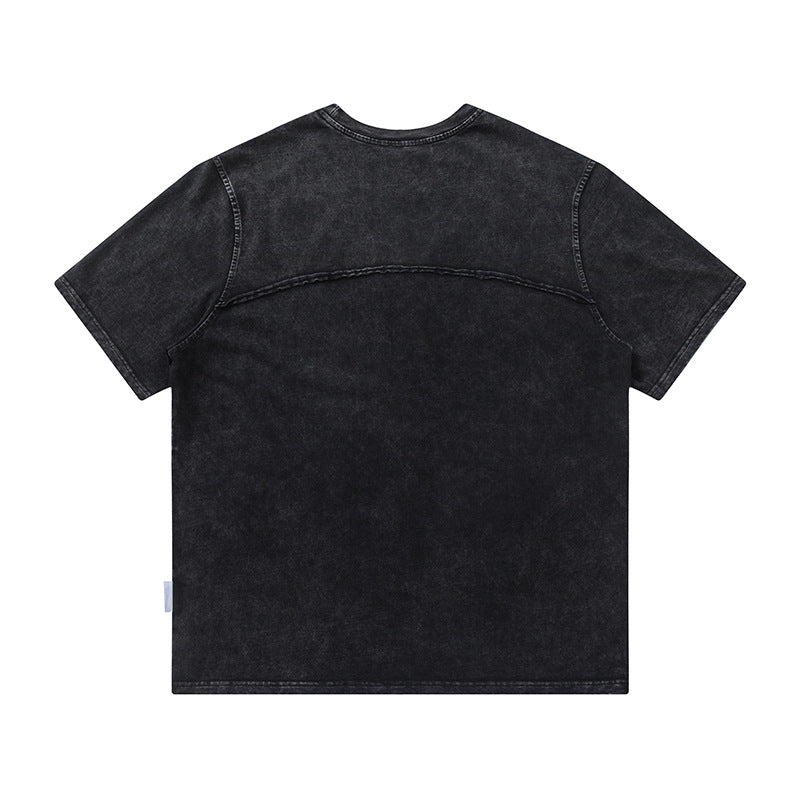 Spliced Raw Edge Short Sleeve T-Shirt Unique Design Hip Hop Men's Washed Vintage Casual Tee