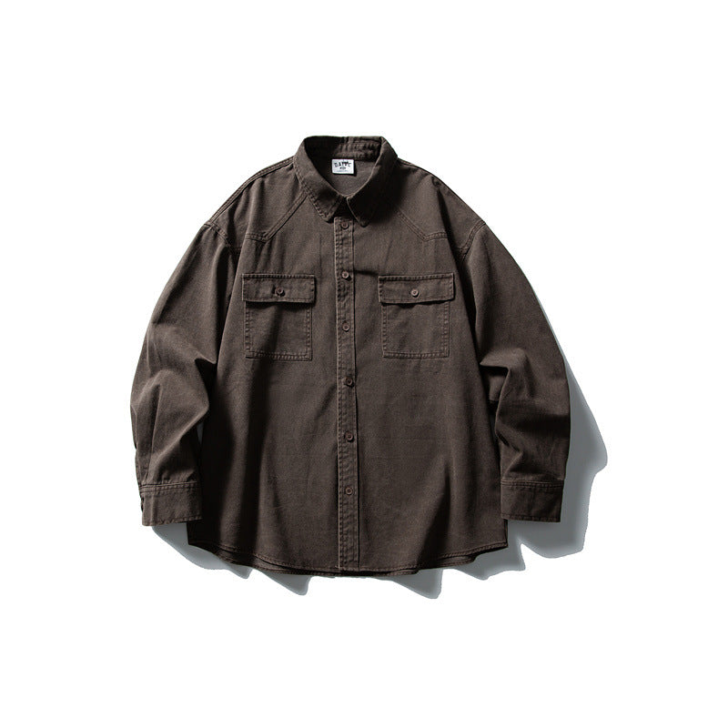Used washed casual loose long sleeved shirt jacket men's workwear shirt