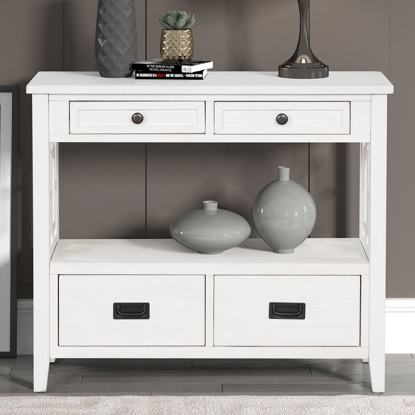 36'' Farmhouse Pine Wood Console Table Entry Sofa Table with 4 Drawers & 1 Storage Shelf (Antique White)
