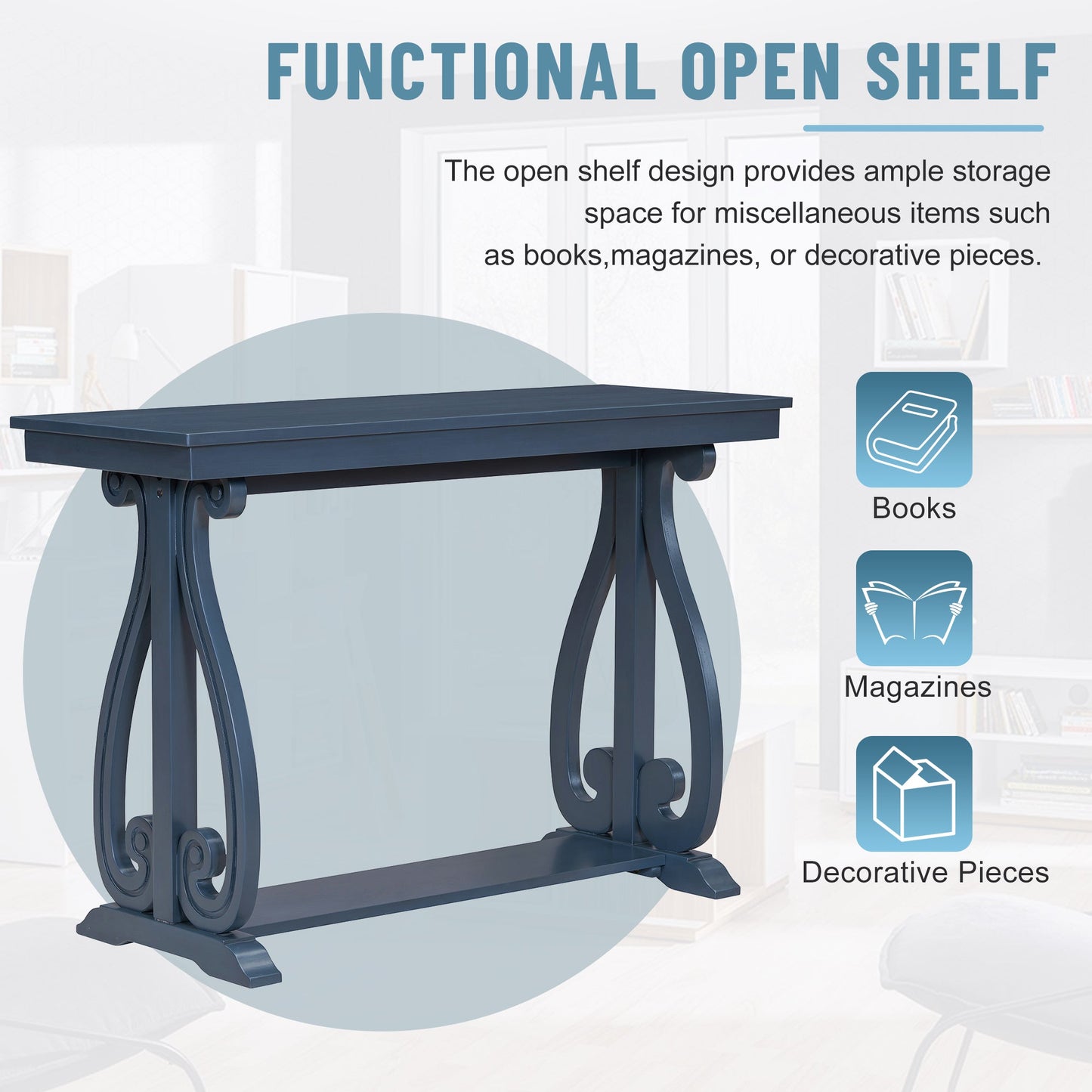 48-Inch Rustic Vintage Console Table --- Farmhouse Style Entryway Table with Open Shelf and Sturdy Construction (Navy)