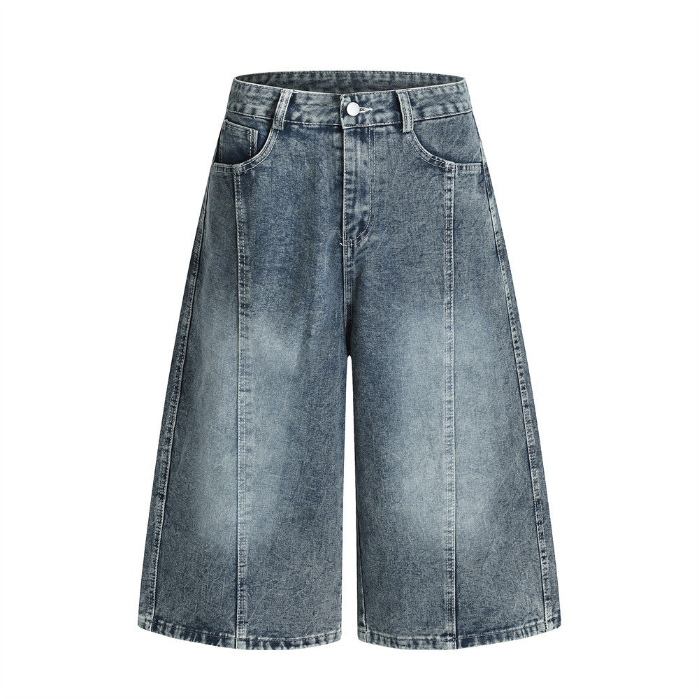 Punk Washed Distressed Denim Shorts Men's Summer Plaid Belted Contrast Pocket Loose Wide-Leg Three-Quarter Pants