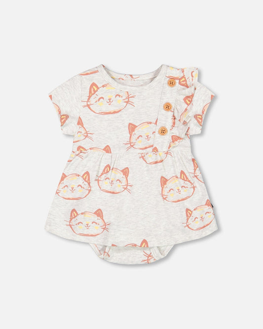 Organic Cotton Printed Romper Heather Beige With Printed Cat