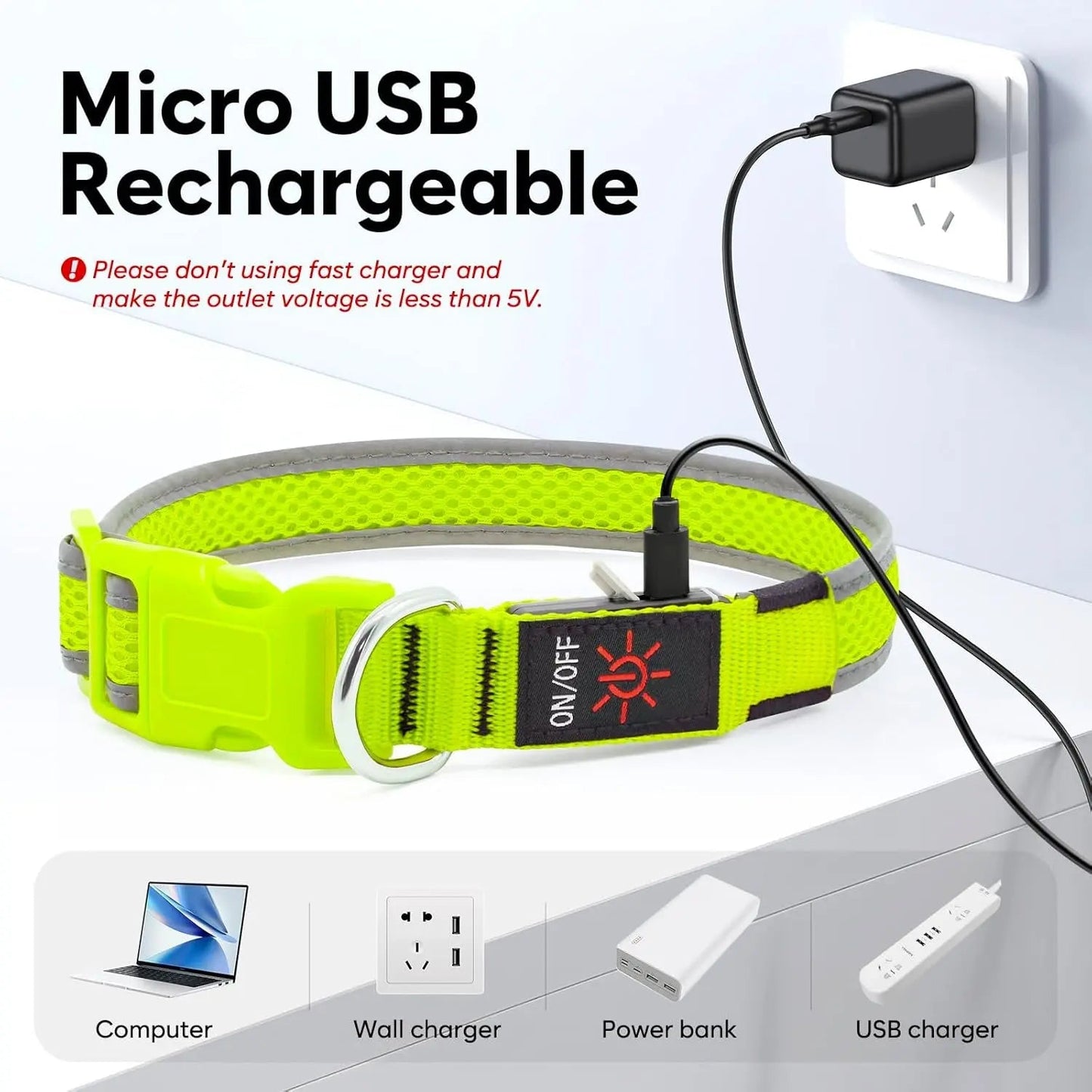 LED Dog Collar USB Rechargeable Light Up Safety Collar - All Colors/ Sizes