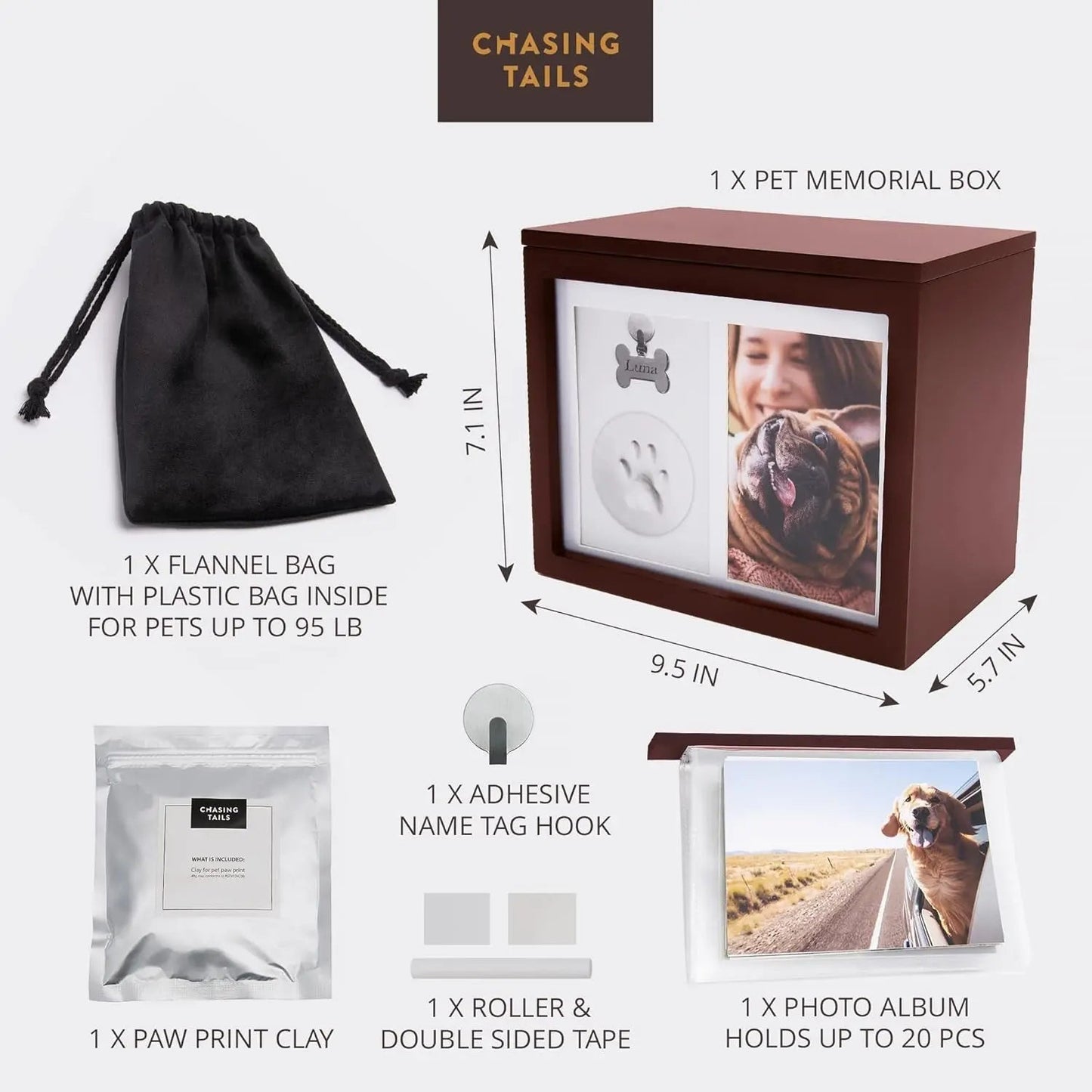 Pet Memorial Urn Keepsake Box for Dogs & Cats w/ Paw Print Kit & Album