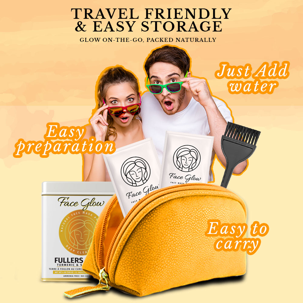 Face Glow- Fuller’s Earth w/ Turmeric & Sandalwood- 12 Individual Sachets of Multani Mitti (10 gm each)- Reusable Brush & Tray Included