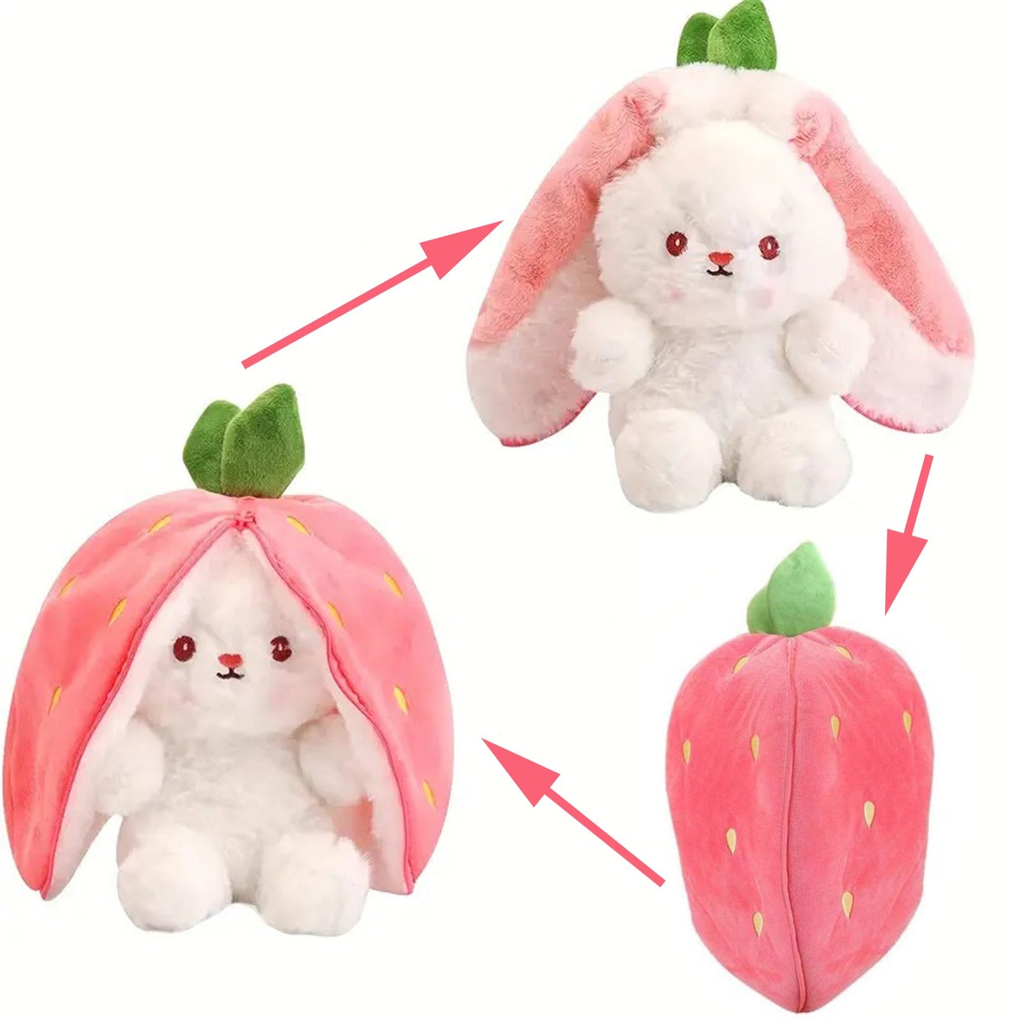 Reversible Strawberry Bunny Plush Toy Soft Polyester Kids Easter Basket Stuffer Gift Birthday Surprise for Girls and Boys