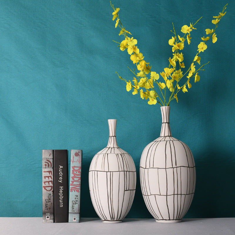 Modern Style Home Decoration Ceramic Frosted Small Mouth Striped Olive-shaped Vase