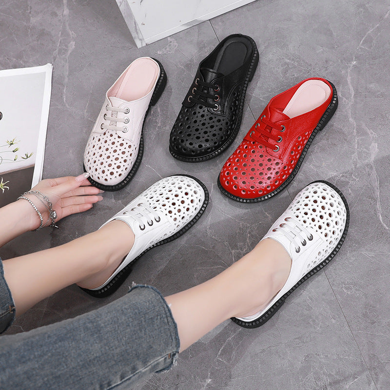 Cave shoes real leather flat heel thick sole hollowed out sandals women's slippers round toe